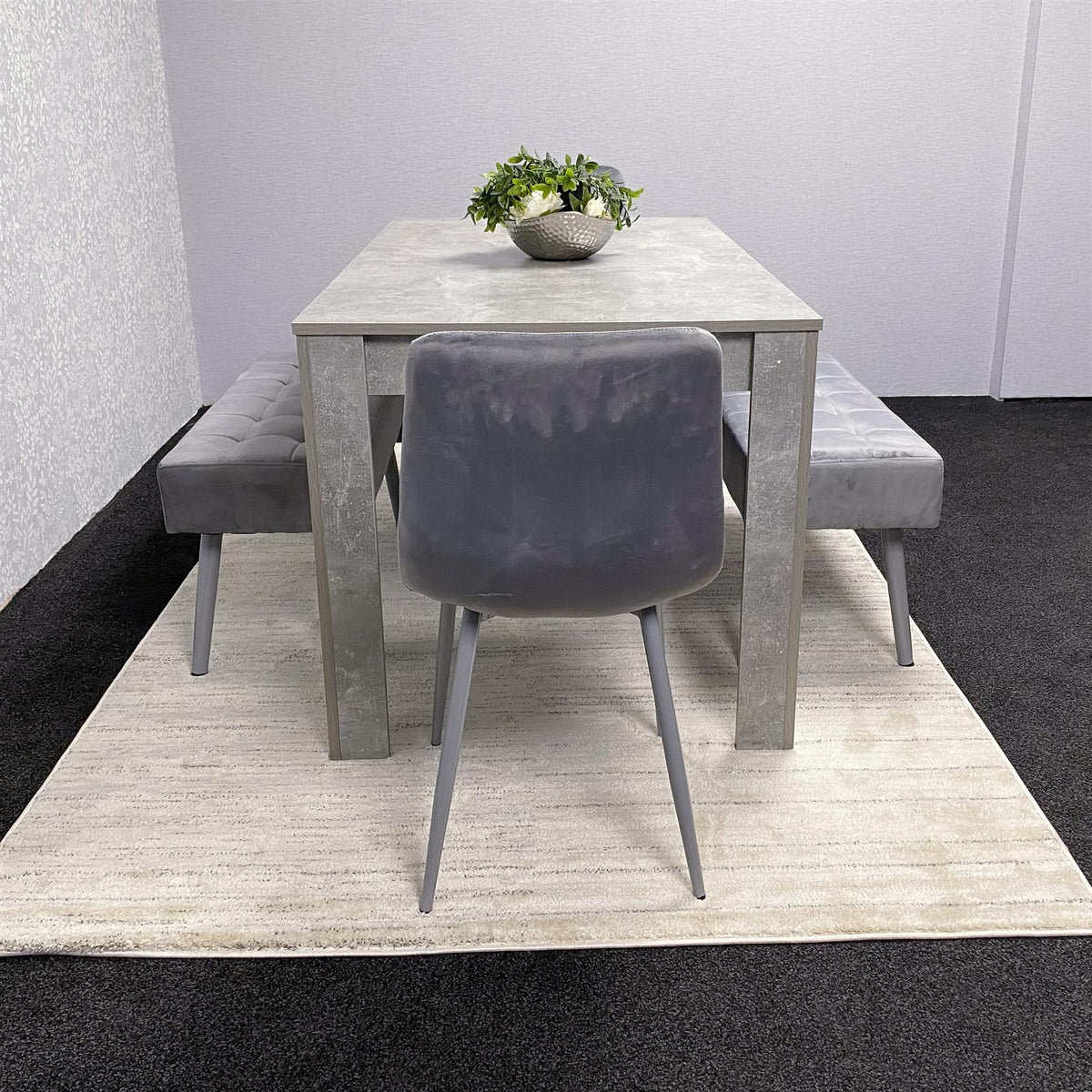 Grey Wooden Dining Table Set with 2 Grey Chairs and Benches - Dining Kitchen Room Furniture