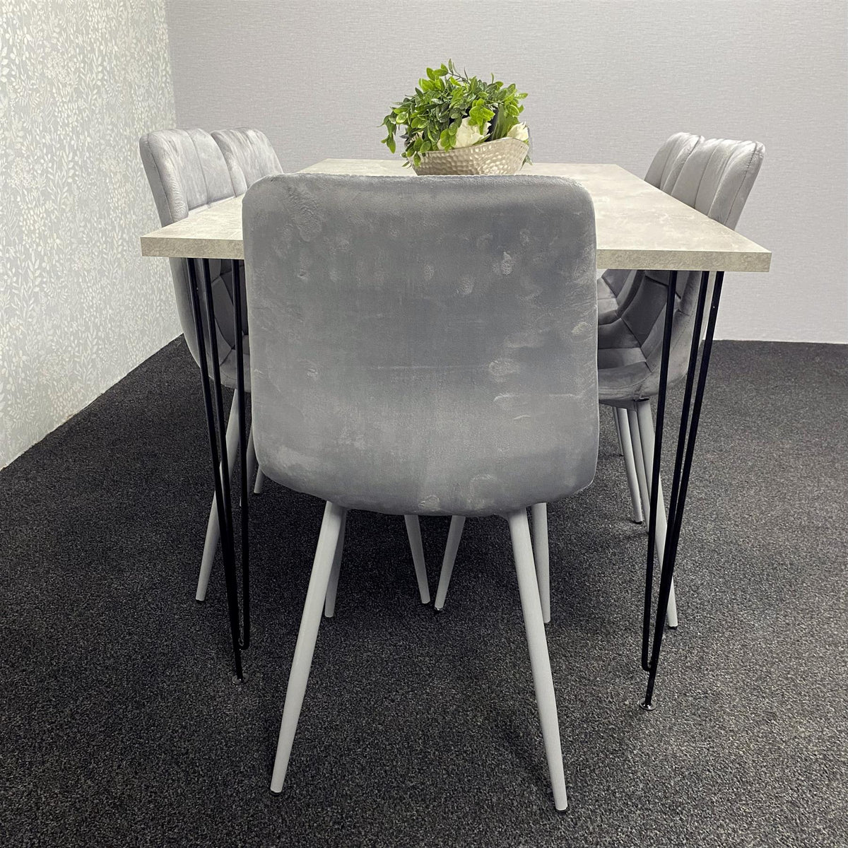 Grey Wooden Dining Table Hairpin Legs with 6 Grey Velvet Chairs - Dining Kitchen Room Furniture