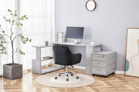 Grey Office Desk L-shaped with Black Velvet Upholstered Chair and Storage Drawers
