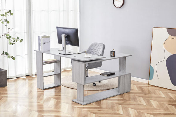 Grey Office Desk L-shaped with Grey Velvet Upholstered Chair Wooden Room Furniture
