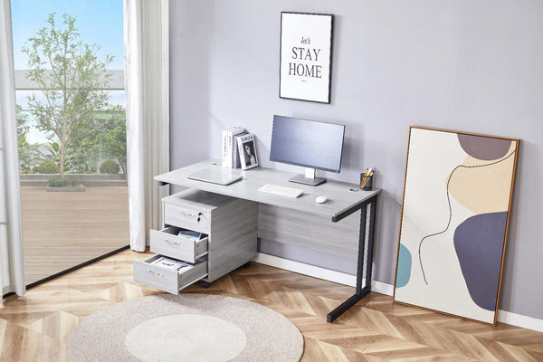 Grey Office Desk with Matching Drawer Unit Modern Wooden Furniture Set