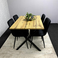 Modern Dining Table Set with 4 Black Velvet Chairs – Wood Effect Tabletop with X-Shaped Metal Legs – Stylish Kitchen or Dining Room Furniture