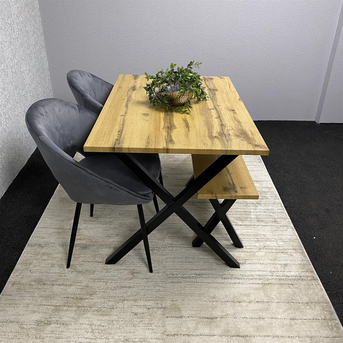 Brown Wooden Dining Table with 2 Grey Chairs and Bench - Dining Kitchen Room Furniture