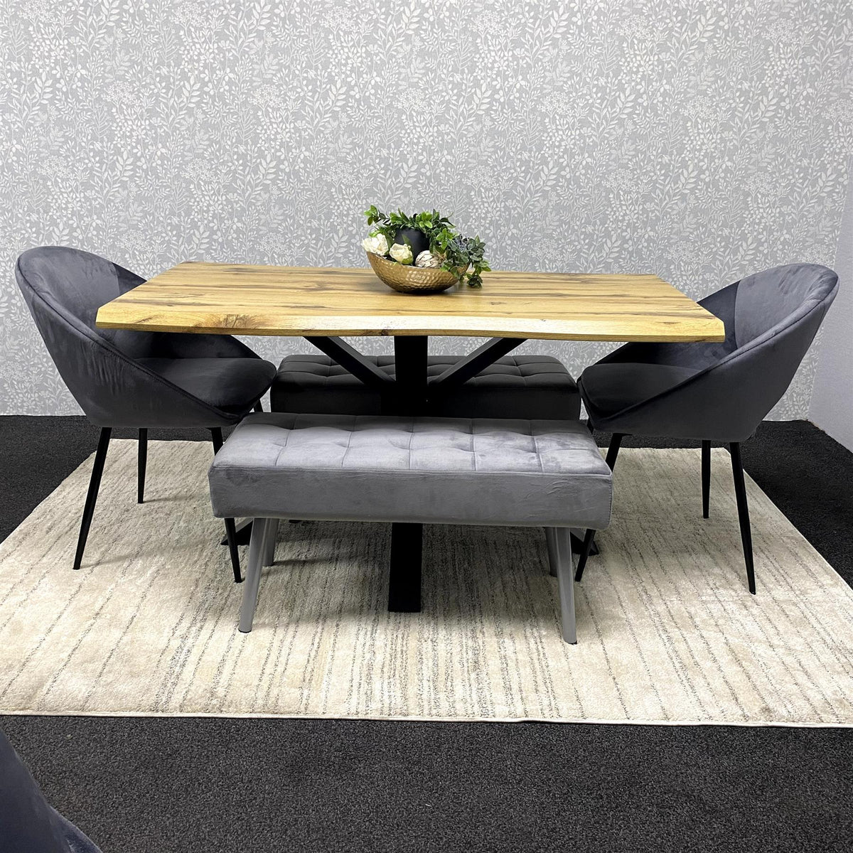 Wooden Rectangular Dining Table Set with Velvet Chairs & Wooden Benches