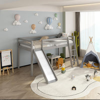 Mid Sleeper Bed with Slide for Kids Grey 3ft Single Pine Wood Customisable Bedroom