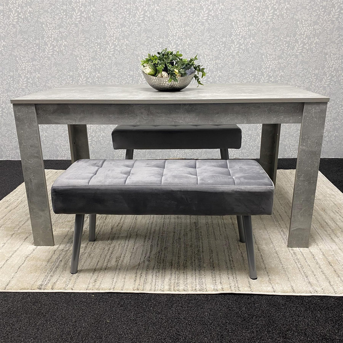 Grey Wooden Dining Table Set and 2 Benches with Metal Legs – Dining Kitchen Room Furniture
