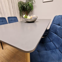 Wooden Dining Table Set for 4 Grey Wooden Table and 4 Blue Velvet Chairs