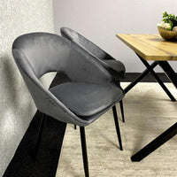 Modern Dining Table Set with Padded Bench and Grey Velvet Chairs – Wood Effect Tabletop with X-Shaped Metal Legs – Stylish Kitchen or Dining Room Furniture