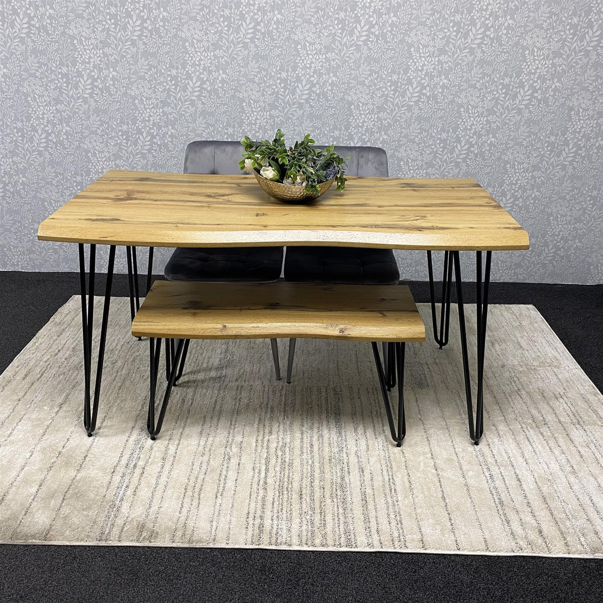 Brown Wooden Dining Table with 4 Grey Chairs and Bench - Dining Kitchen Room Furniture