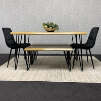 Wooden Dining Table with 2 Benches and 2 Black Velvet Chairs