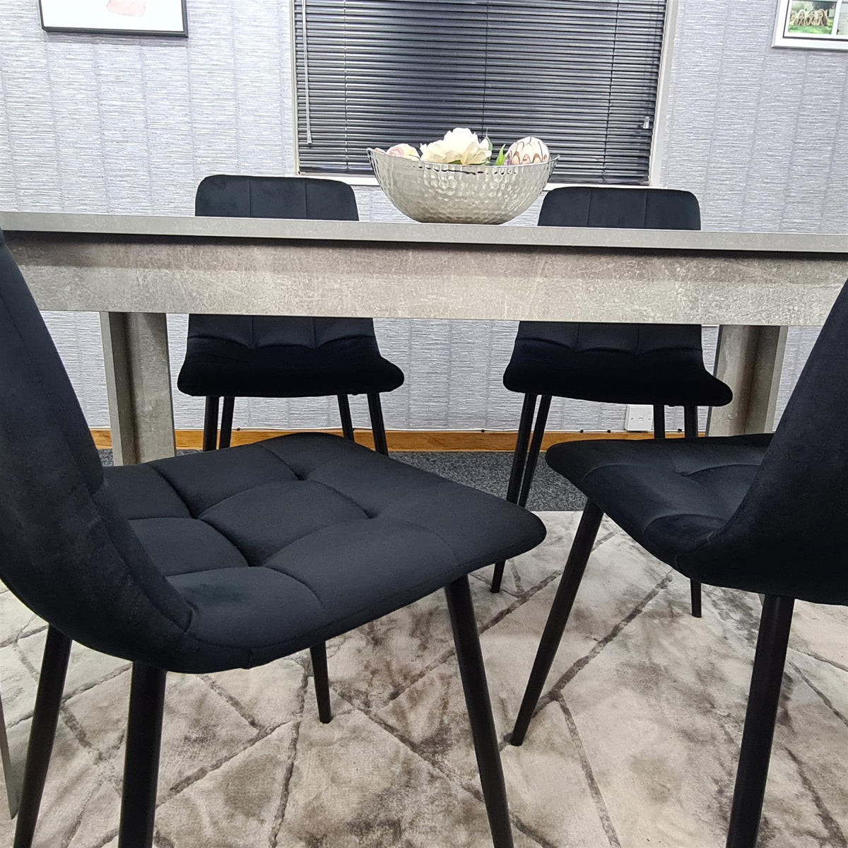 Dining Table with 4 Black Velvet Chairs Stone Grey Effect Wood Table Set for Dining Room