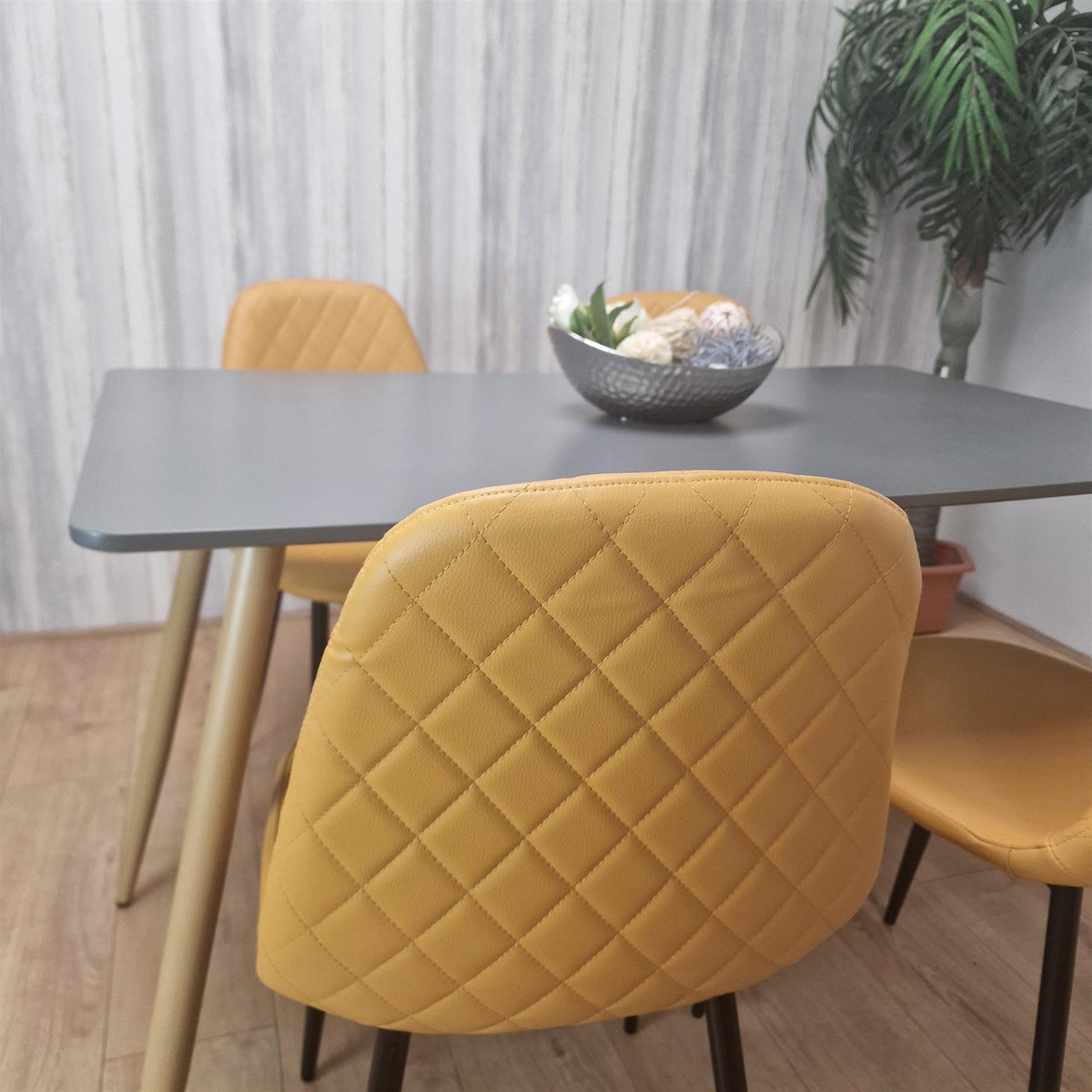 Wooden Rectangle Dining Table Set Grey Table with 4 Mustard Gem Patterned Chairs