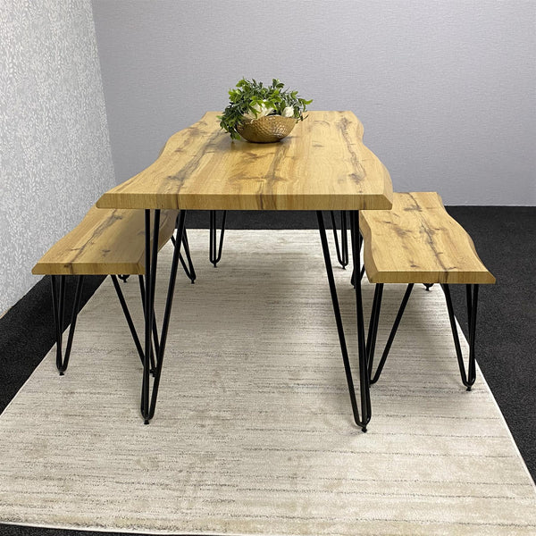 Wooden Dining Table and 2 Benches Set With Metal Hairpin Legs for Dining Room, Work, or Study