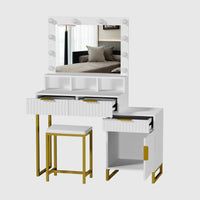 Dressing Table Set with Bulb Lights Mirror, Storage Cabinet and Stool - White and Gold - Hollywood Style