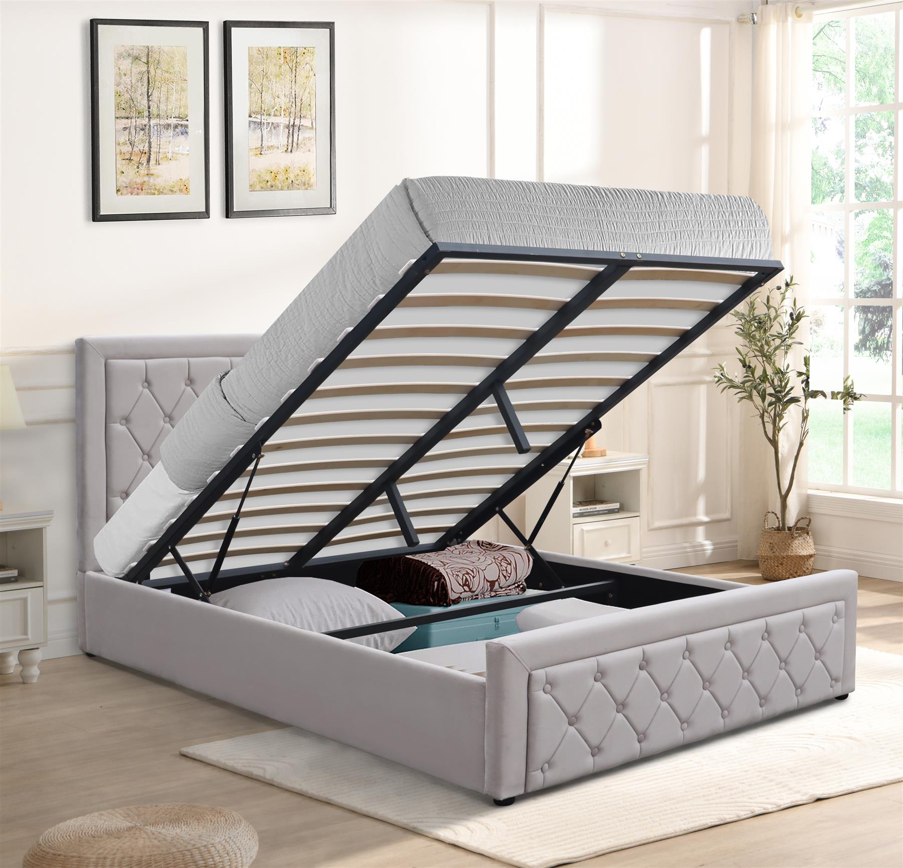 Ottoman Storage Gaslift Bed 4ft6 Double Grey Velvet Bedroom Furniture