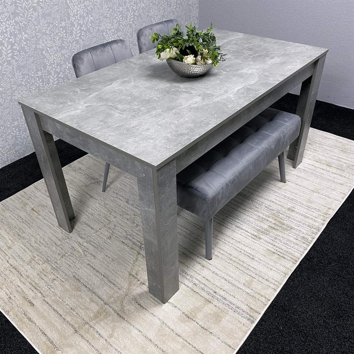 Grey Wooden Dining Table Set with 2 Grey Chairs and 1 Bench - Dining Kitchen Room Furniture