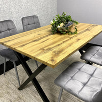 Modern Dining Table Set with  4 Grey Velvet Chairs – Wood Effect Tabletop with X-Shaped Metal Legs – Stylish Kitchen or Dining Room Furniture