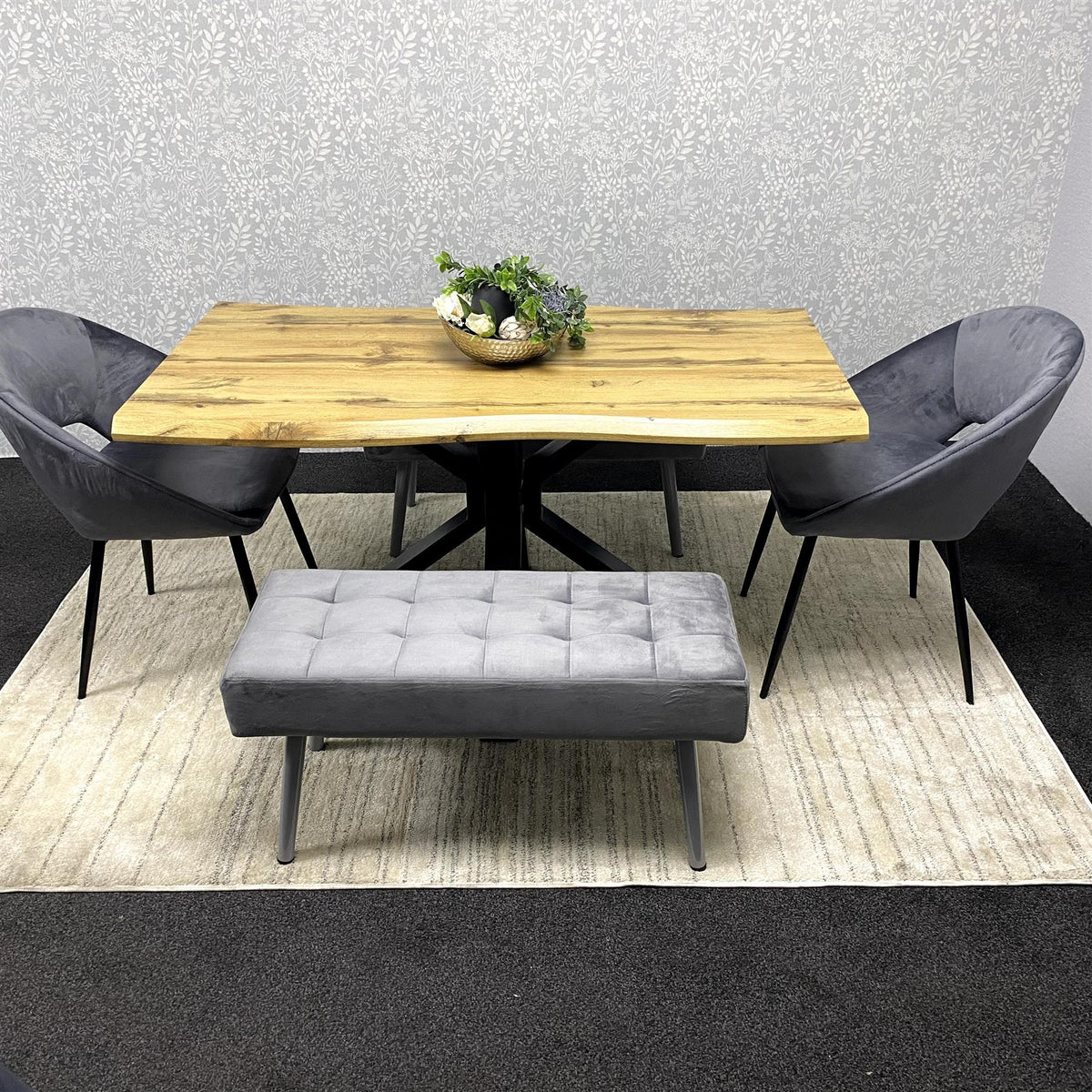 Wooden Rectangular Dining Table Set with Velvet Chairs & Wooden Benches