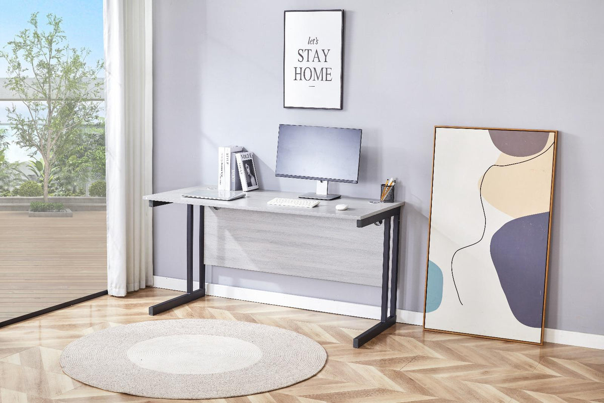 Grey Office Desk Wooden Room Furniture with Sturdy Iron Legs for Home, Study, and Office