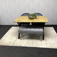 Modern Dining Table Set with Padded Bench and Grey Velvet Chairs – Wood Effect Tabletop with X-Shaped Metal Legs – Stylish Kitchen or Dining Room Furniture