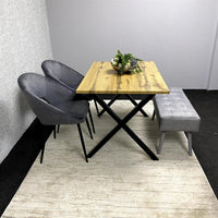 Modern Dining Table Set with Padded Bench and Grey Velvet Chairs – Wood Effect Tabletop with X-Shaped Metal Legs – Stylish Kitchen or Dining Room Furniture