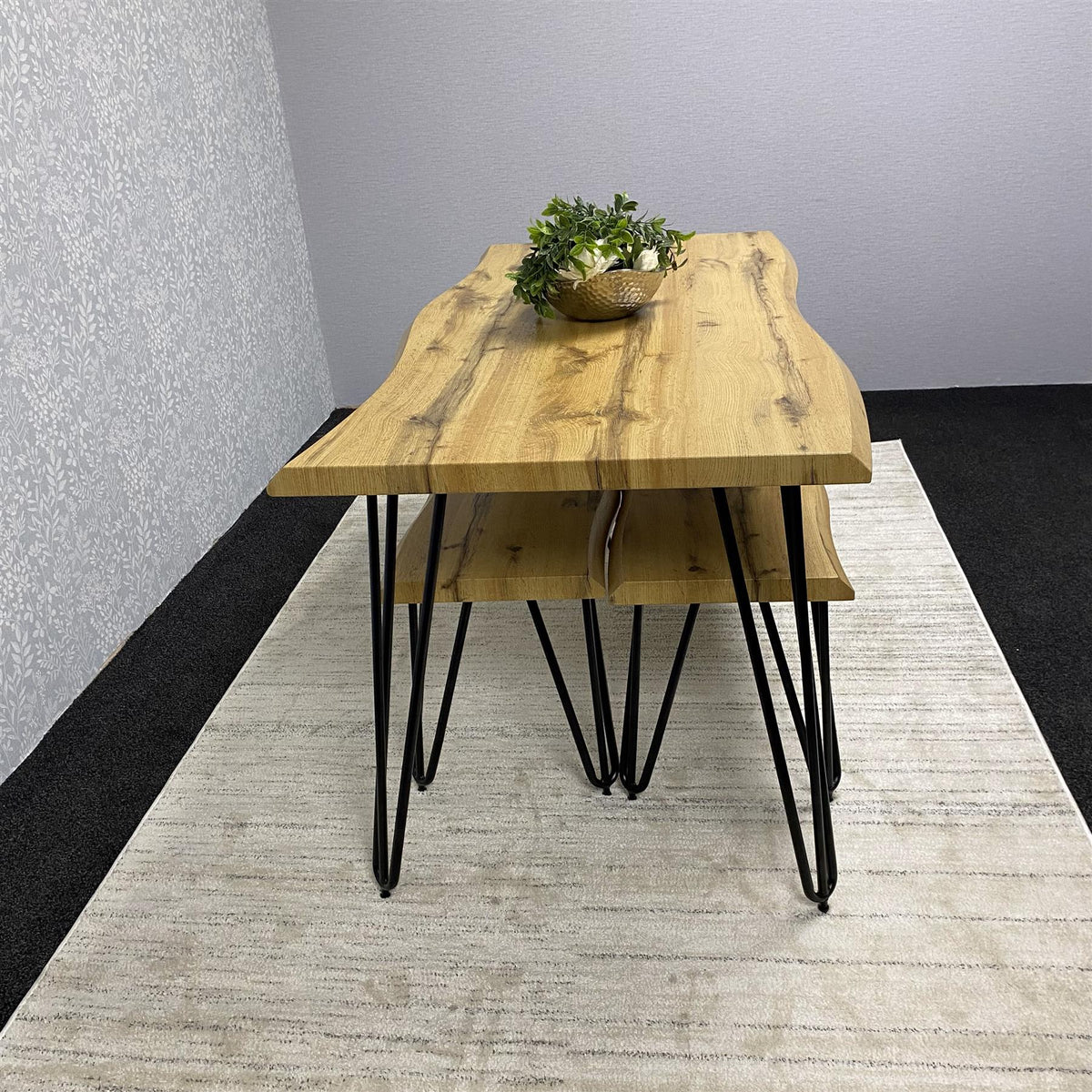 Wooden Dining Table and 2 Benches Set With Metal Hairpin Legs for Dining Room, Work, or Study