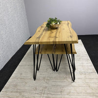 Wooden Dining Table and 2 Benches Set With Metal Hairpin Legs for Dining Room, Work, or Study