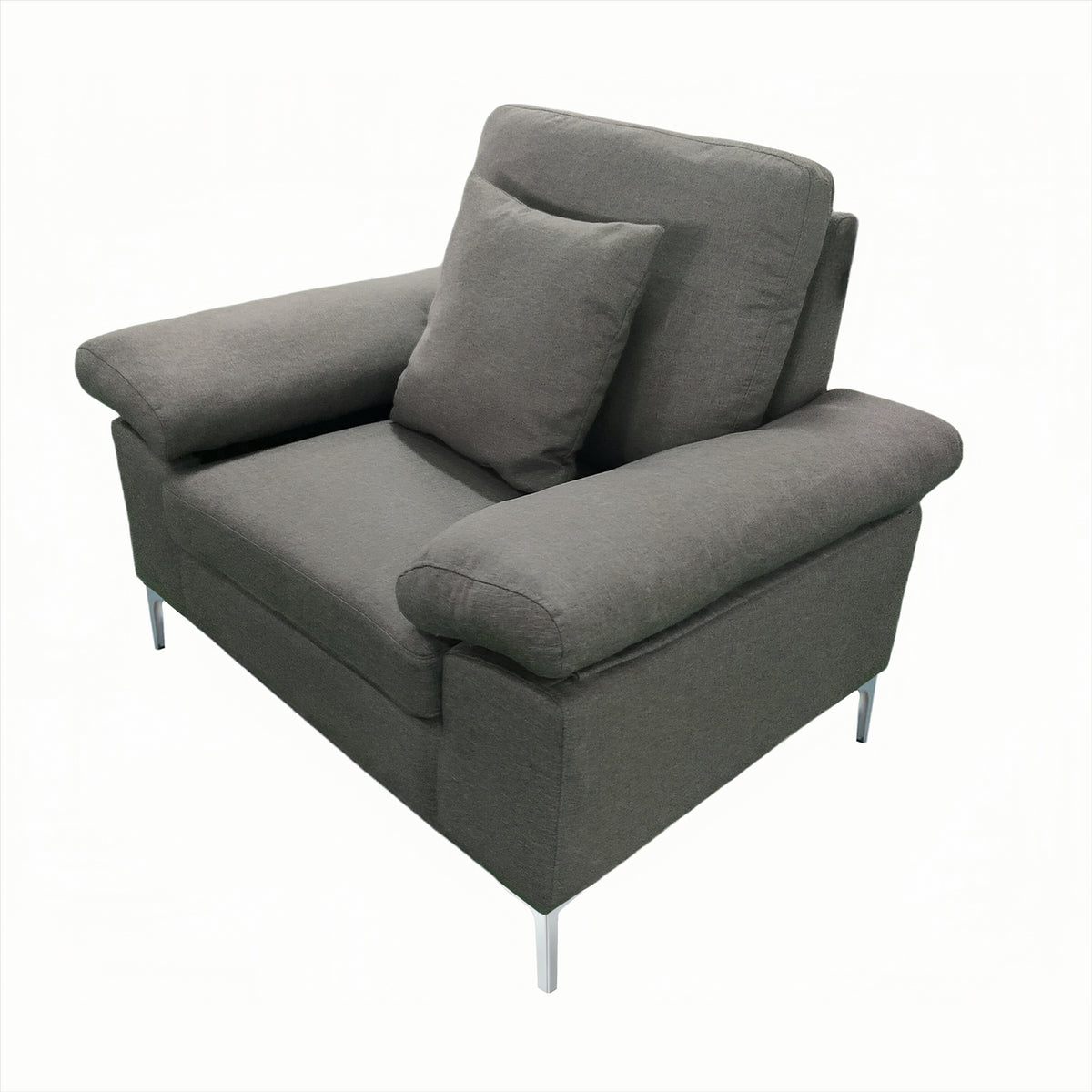 Modern Grey Fabric One Seater Sofa with Chrome Feet - Comfortable Couch with Cushion for Living Room, Bedroom or Office