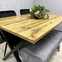 Modern Dining Table Set with Padded Bench and Black Velvet Chairs – Wood Effect Tabletop with X-Shaped Metal Legs – Stylish Kitchen or Dining Room Furniture