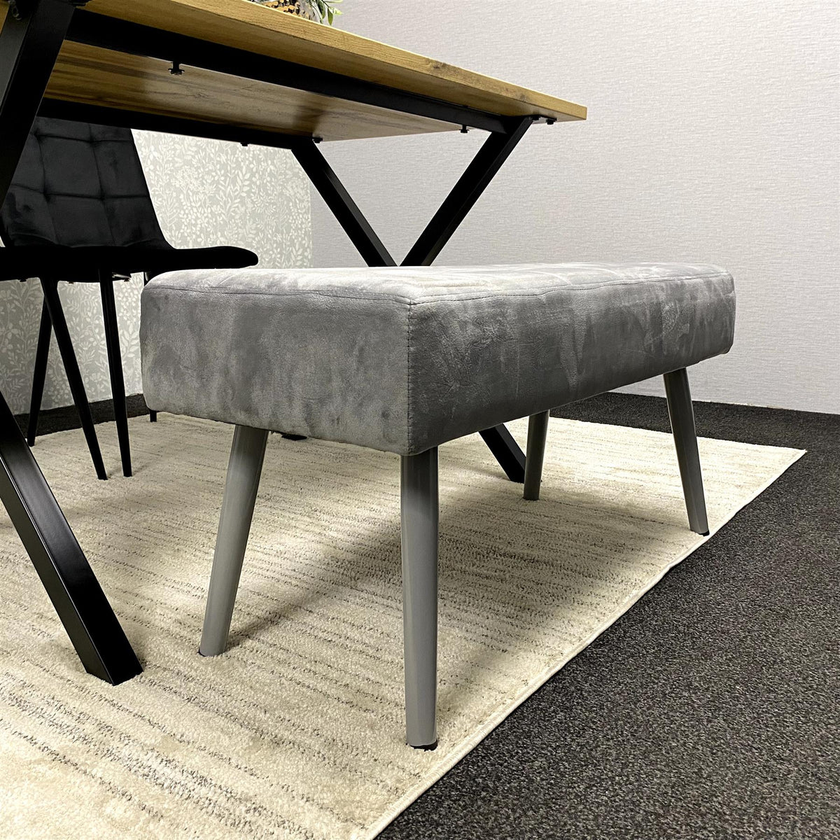 Modern Dining Table Set with Padded Bench and Black Velvet Chairs – Wood Effect Tabletop with X-Shaped Metal Legs – Stylish Kitchen or Dining Room Furniture