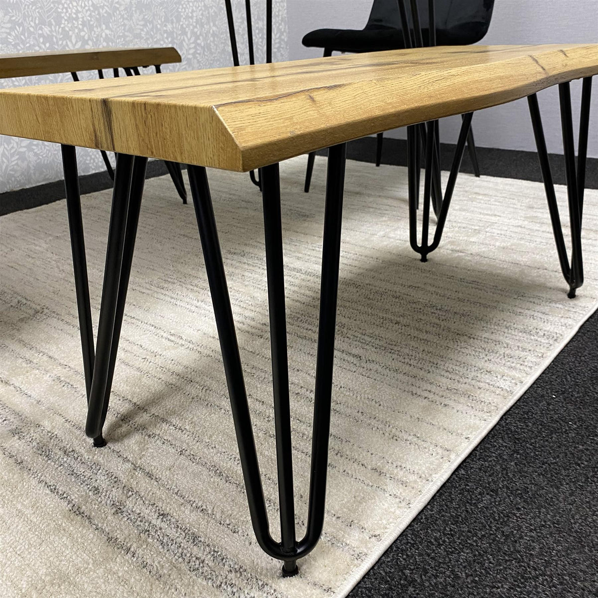 Wooden Dining Table with 2 Benches and 2 Black Velvet Chairs