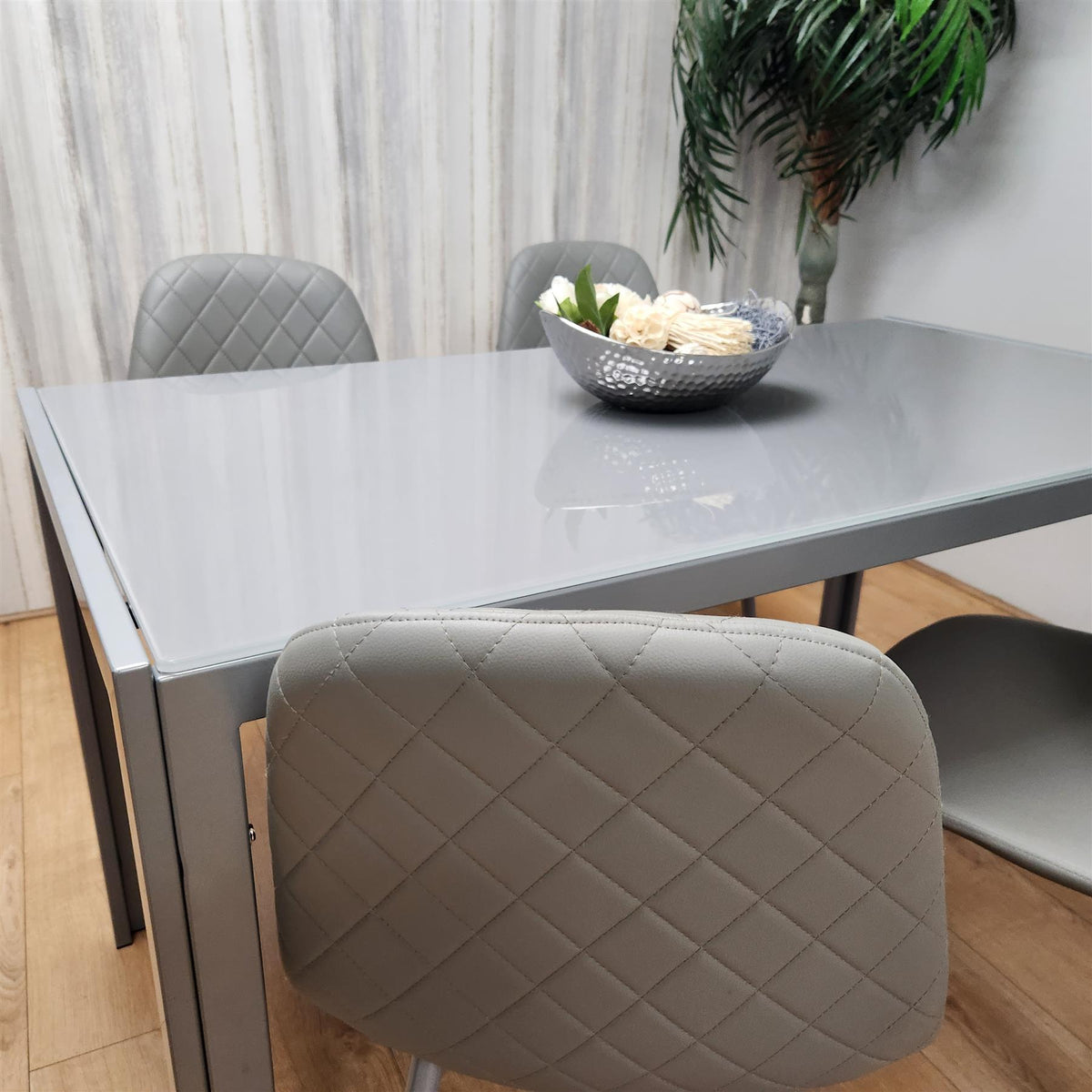 Glass Dining table and 4 grey leather chairs  Grey Glass Table And 4 Chairs kitchen dining room furniture