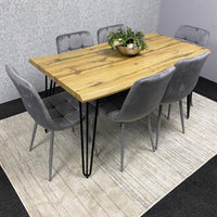 Wooden Dining Table and 6 Grey Velvet Chairs - Stylish Dining Room Furniture