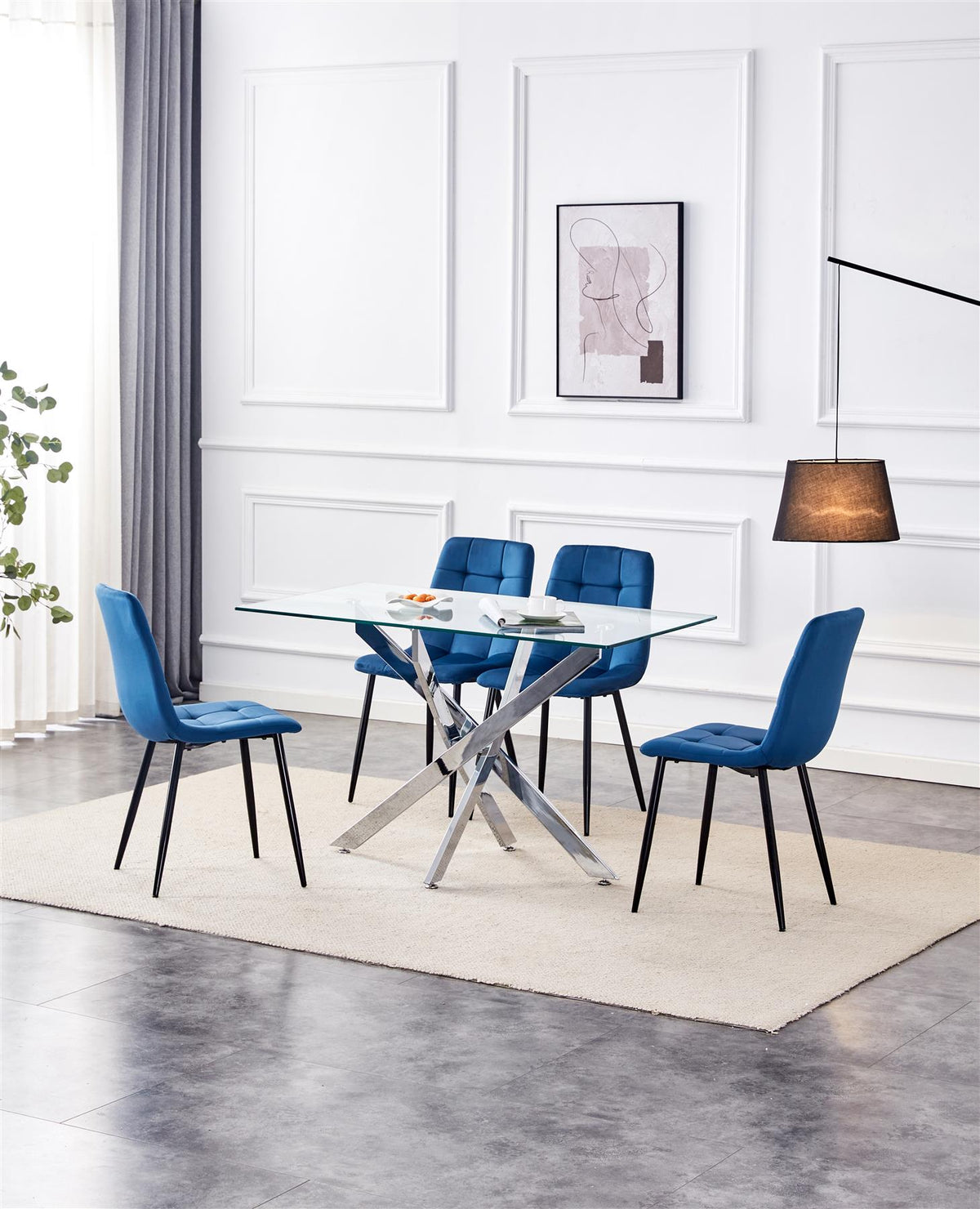 Dining Table and 4 Chairs Rectangle Blue Table 4 Grey Velvet Chairs Dining Set