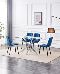 Dining Table and 4 Chairs Rectangle Blue Table 4 Grey Velvet Chairs Dining Set