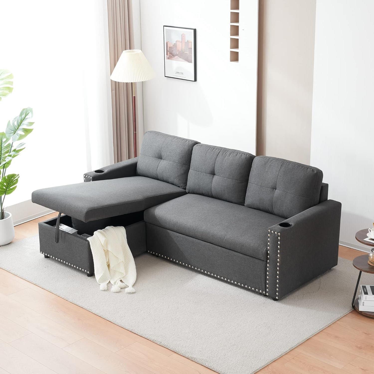 Sofabed 3 Seater Reversible Sectional Sofa Sleeper Set with Storage Chaise Built in Cupholder Decorative Rivets Pull out Bed and Light Grey Fabric