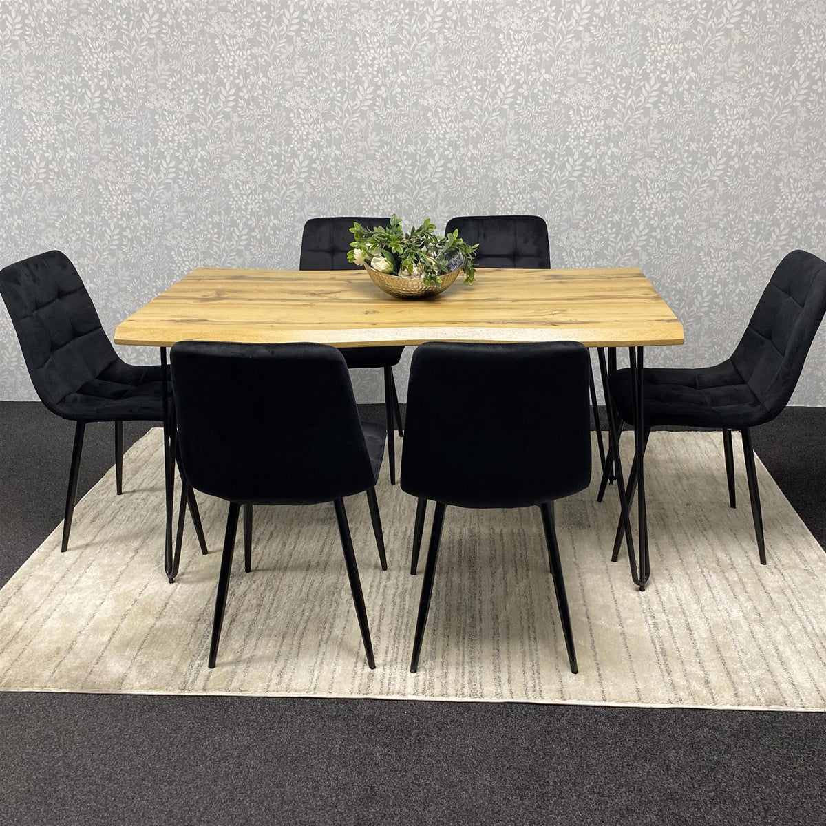 Wooden Dining Table and 6 Black Velvet Chairs - Stylish Dining Room Furniture