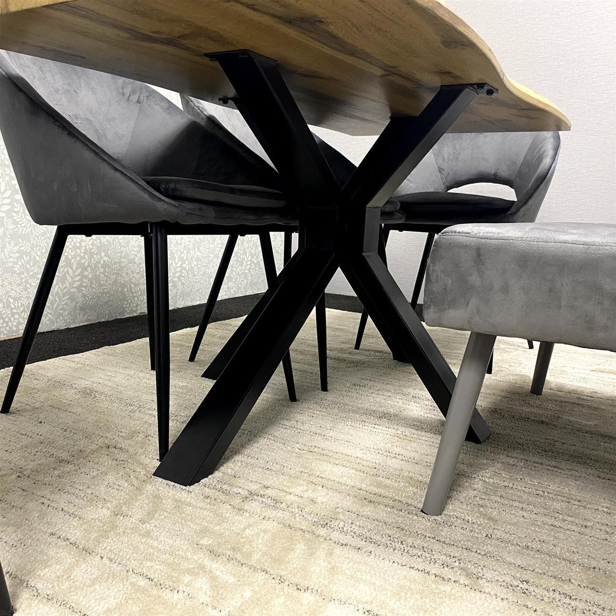 MDF Dining Set with Grey Velvet Chairs & Tufted Velvet Bench