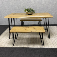 Wooden Dining Table and 2 Benches Set With Metal Hairpin Legs for Dining Room, Work, or Study