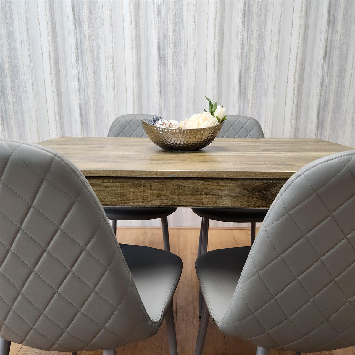 Dining Set of 4 Dining Table and 4 Grey Gem Patterned Stitiched Chairs
