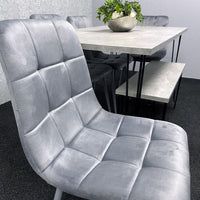 Grey Dining Table with Hairpin Legs, Bench & 4 Grey Velvet Chairs Set for Kitchen & Dining Room