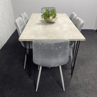 Grey Wooden Dining Table Hairpin Legs with 6 Grey Velvet Chairs - Dining Kitchen Room Furniture