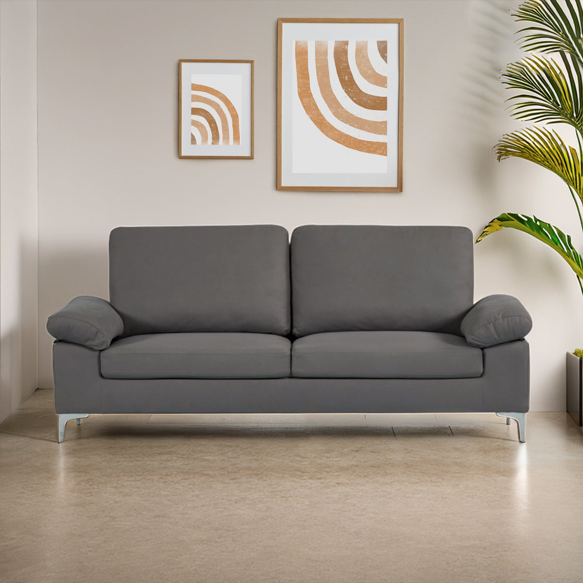 Modern Two Seater Sofa Grey Fabric with Chrome Feet - Comfortable Couch with Cushion for Living Room, Bedroom or Office