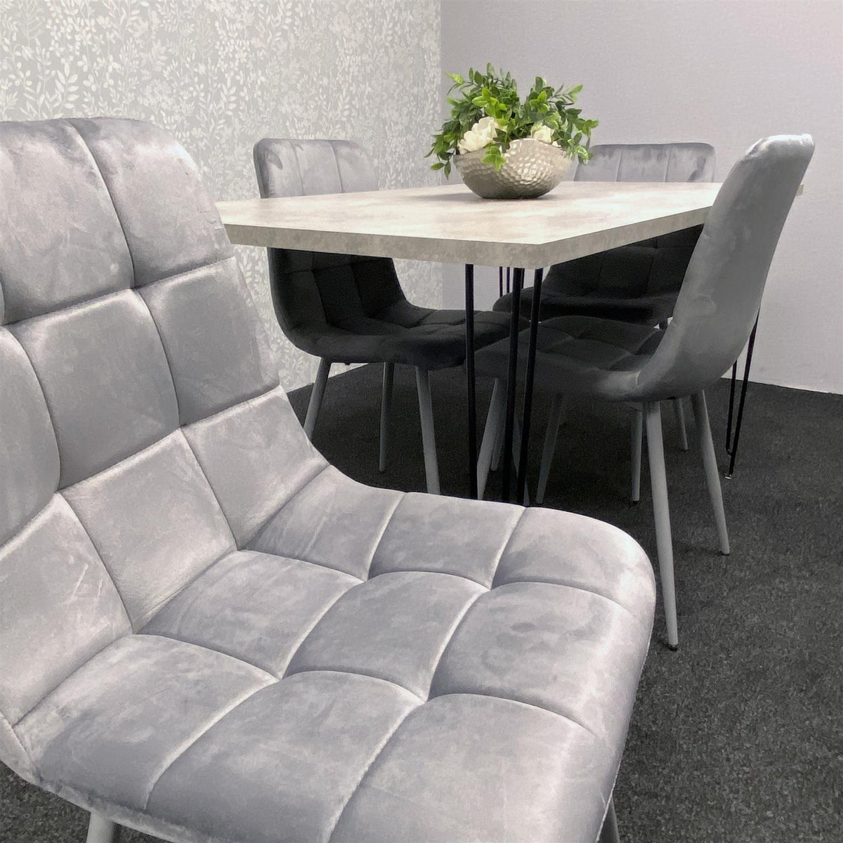 Grey Dining Table with Hairpin Legs & 4 Grey Velvet Chairs Set for Kitchen & Dining Room
