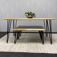 Wooden Dining Table and 2 Benches Set With Metal Hairpin Legs for Dining Room, Work, or Study