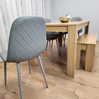 Wooden Dining Table Set for 6 Oak Effect Table With 4 Grey Gem Patterned  Chairs and 1 Bench