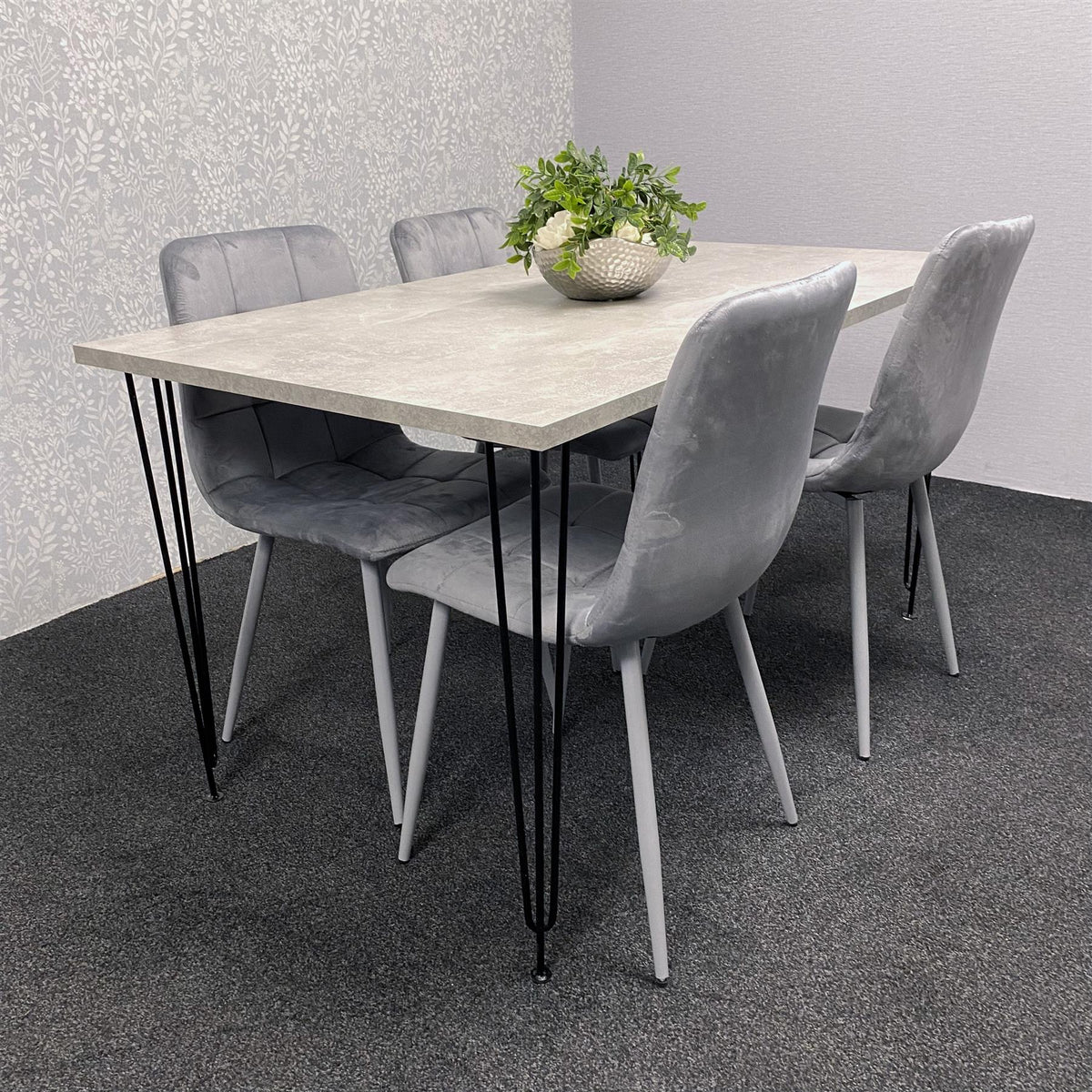 Grey Dining Table with Hairpin Legs & 4 Grey Velvet Chairs Set for Kitchen & Dining Room