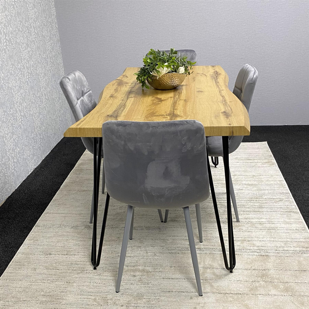Wooden Dining Table and 4 Grey Velvet Chairs - Stylish Dining Room Furniture