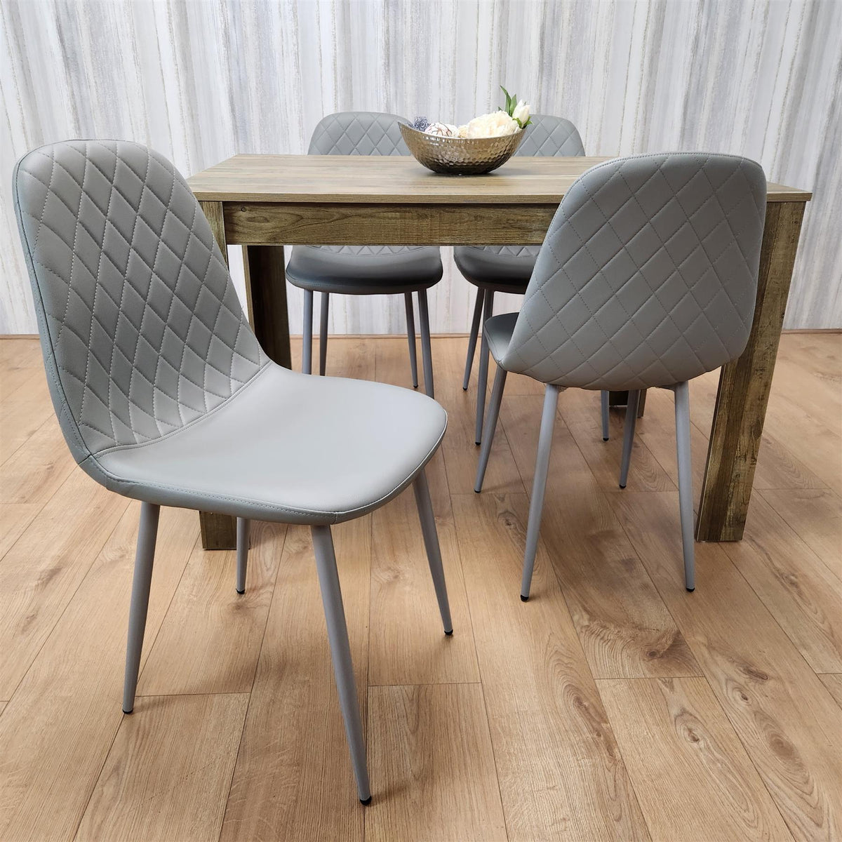 Dining Set of 4 Dining Table and 4 Grey Gem Patterned Stitiched Chairs