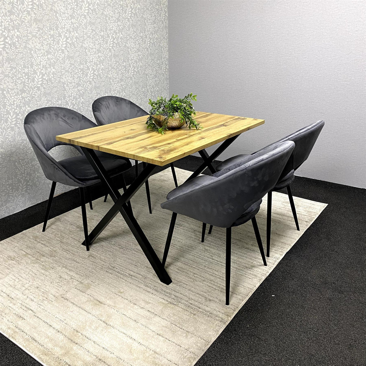 Brown Wooden Dining Table with 4 Grey Chairs - Dining Kitchen Room Furniture